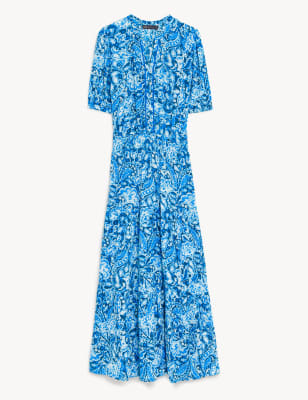 Printed V-Neck Midi Waisted Dress