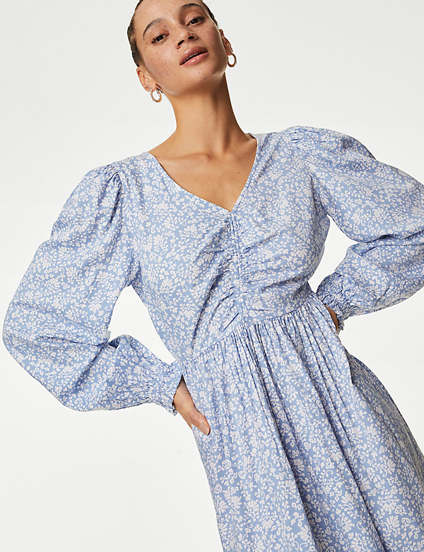 Printed V-Neck Midi Shirred Dress - SE
