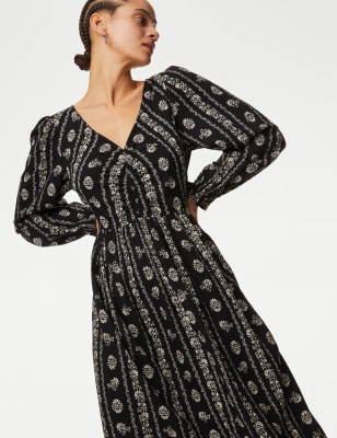 

M&S Collection Vestido fruncido a media pierna de escote en pico estampadoWomens - Black Mix, Black Mix