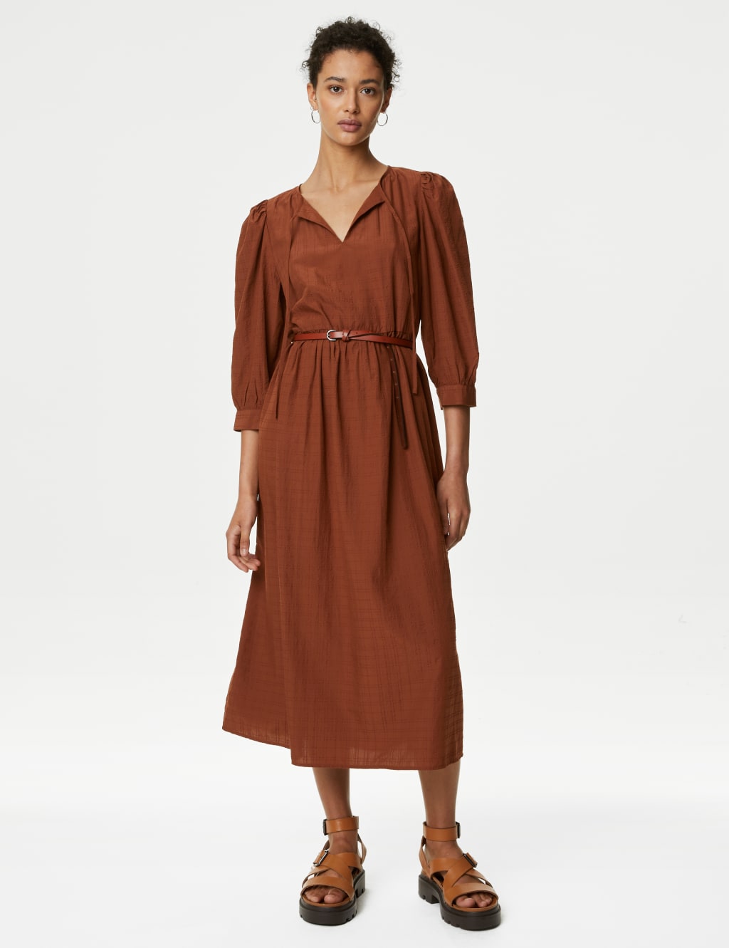 Textured Tie Neck Midi Relaxed Smock Dress image 1