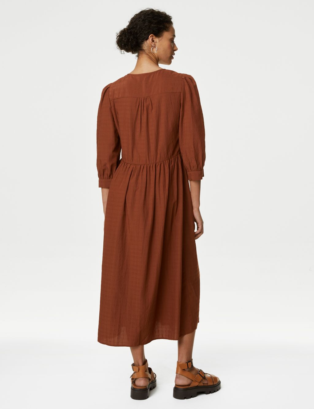 Textured Tie Neck Midi Relaxed Smock Dress image 4
