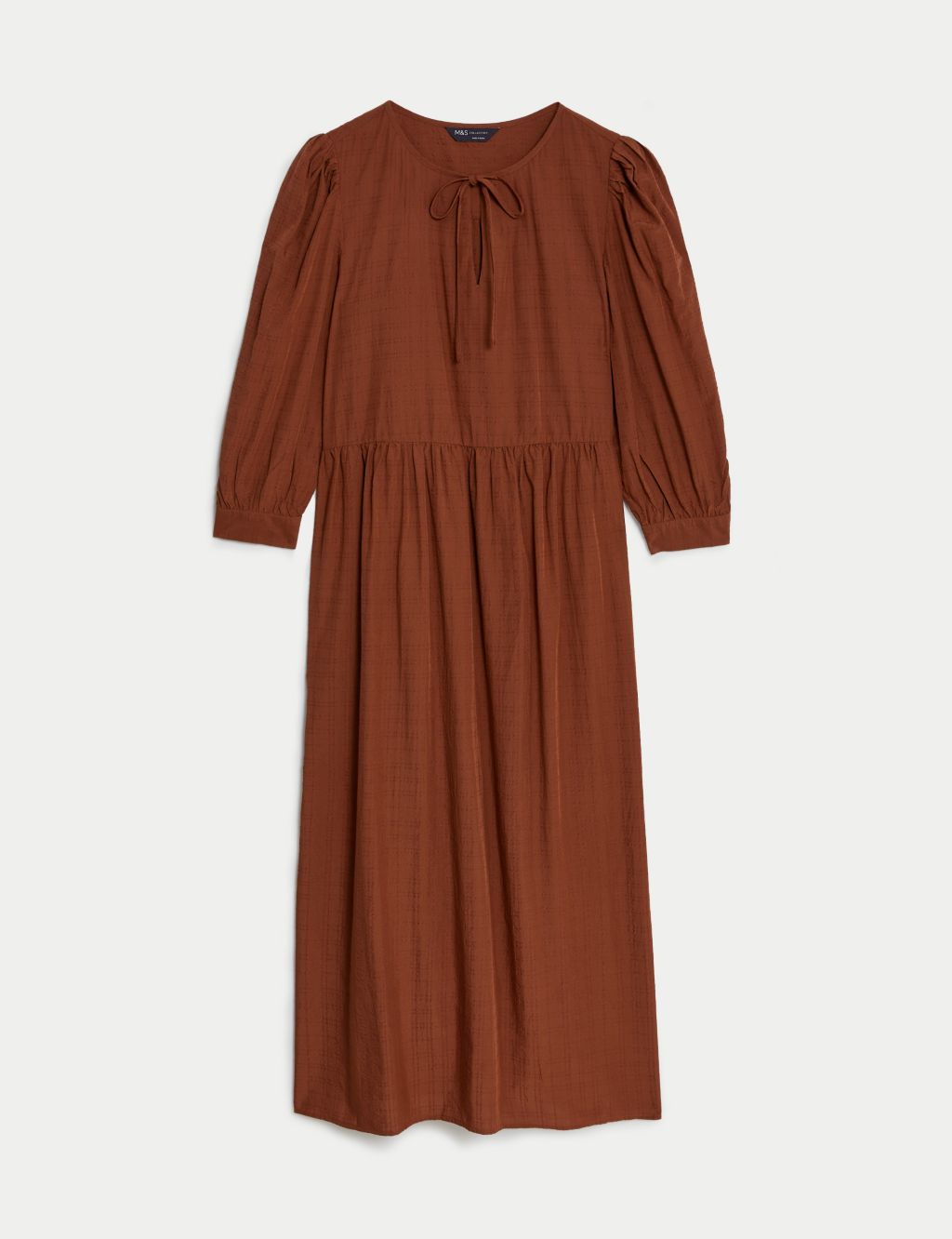 Textured Tie Neck Midi Relaxed Smock Dress image 2