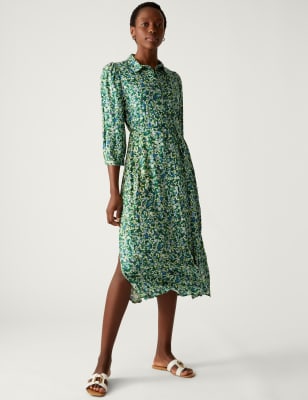 

Womens M&S Collection Printed Tie Waist Midi Shirt Dress - Green Mix, Green Mix