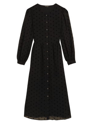 

Womens M&S Collection Durchgeknöpftes Midi-Smokkleid mit Sternmuster - Black, Black