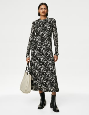 

Womens M&S Collection Schmales Jersey-Midikleid mit Stehkragen, Mesh und Muster - Ecru Mix, Ecru Mix