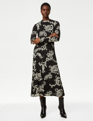 Jersey Printed Mesh Funnel Neck Midi Dress