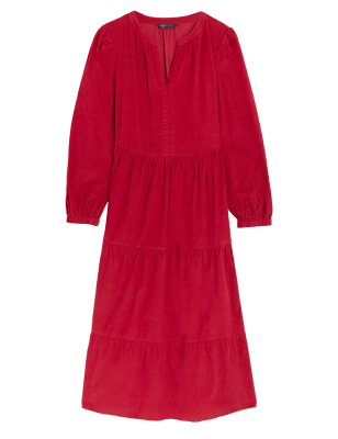 

Womens M&S Collection Pure Cotton Cord Midi Tiered Dress, Red