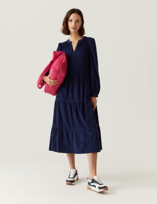 

Womens M&S Collection Pure Cotton Cord Midi Tiered Dress - Navy, Navy