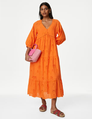 

Womens M&S Collection Pure Cotton Broderie V-Neck Midaxi Dress - Orange Mix, Orange Mix