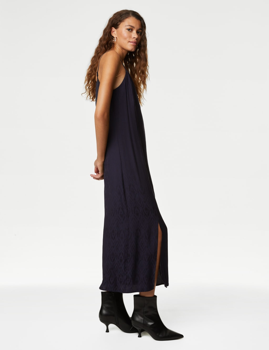 Satin Jacquard V-Neck Midi Slip Dress image 1