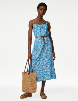 

Womens M&S Collection Printed Square Neck Midi Slip Dress - Blue Mix, Blue Mix