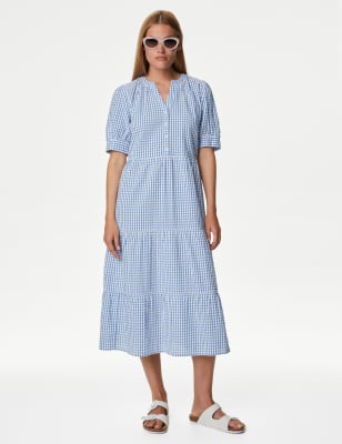 

Womens M&S Collection Pure Cotton Checked V-Neck Midi Tiered Dress - Blue Mix, Blue Mix