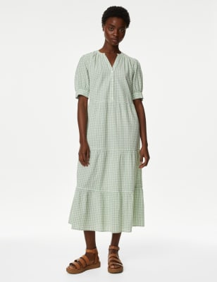 

Womens M&S Collection Pure Cotton Checked V-Neck Midi Tiered Dress - Green Mix, Green Mix