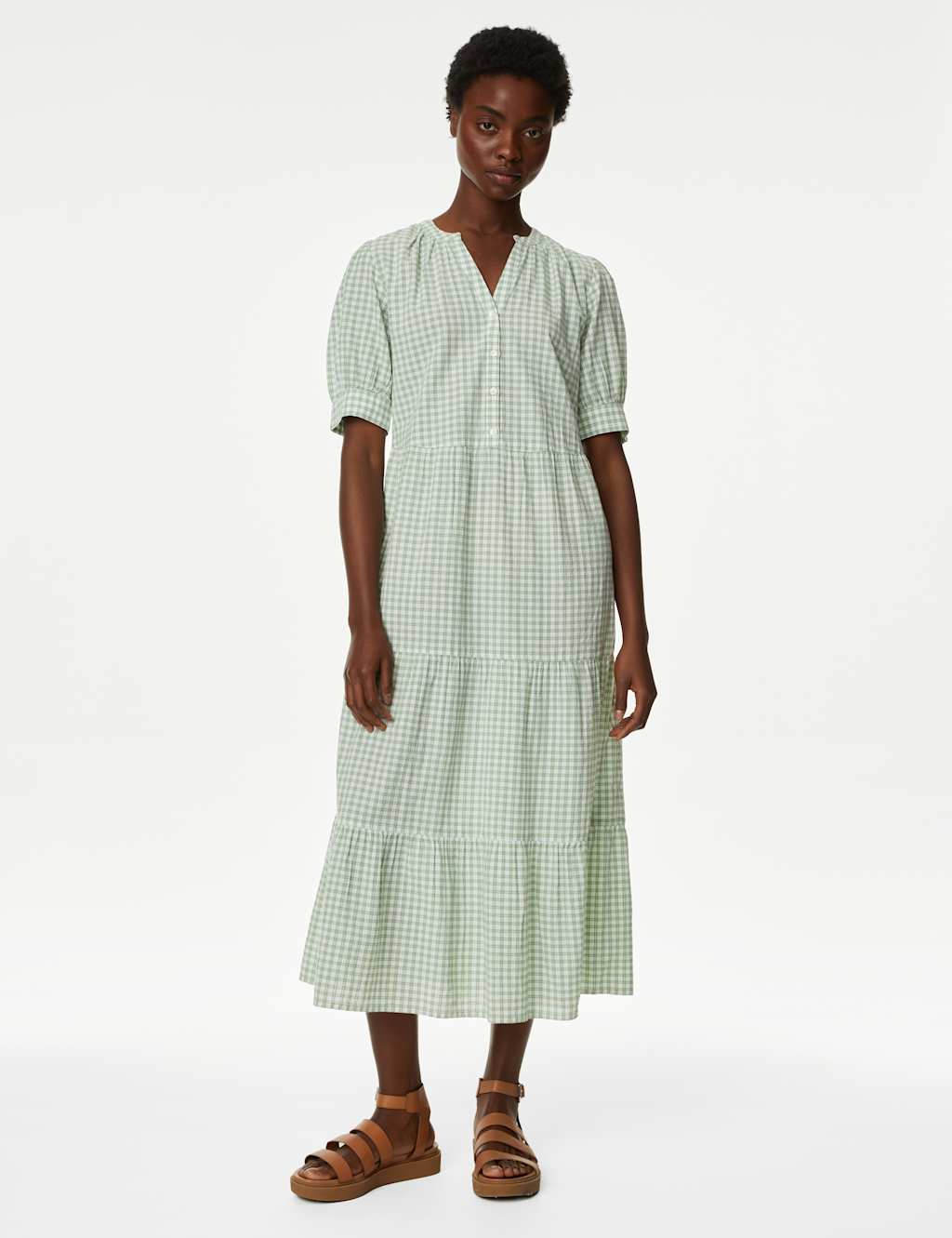 Pure Cotton Checked V-Neck Midi Tiered Dress image 1