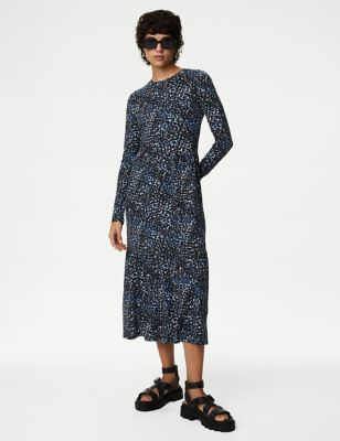 

Womens M&S Collection Jersey Printed Round Neck Midi Tiered Dress - Blue Mix, Blue Mix