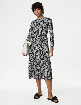 

Womens M&S Collection Jersey Printed Round Neck Midi Tiered Dress - Black Mix, Black Mix