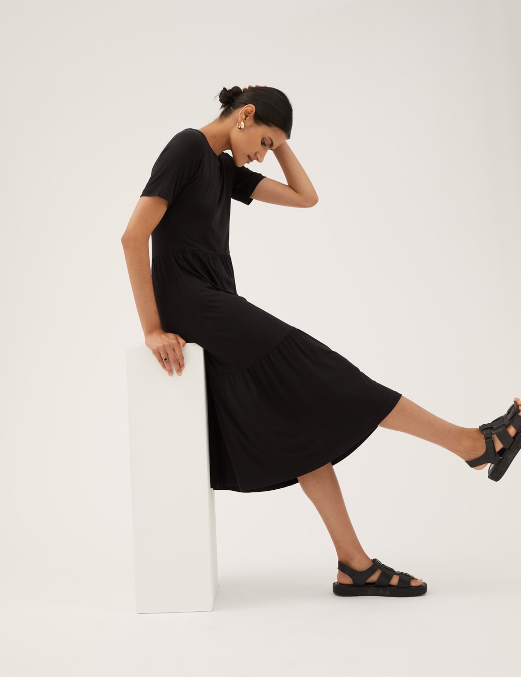 Jersey Round Neck Midi Tiered Dress image 1
