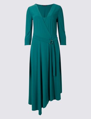 Asymmetrical Hem 3/4 Sleeve Wrap Midi Dress | M&S