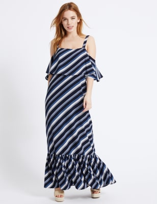 PETITE Striped Cold Shoulder Maxi Dress