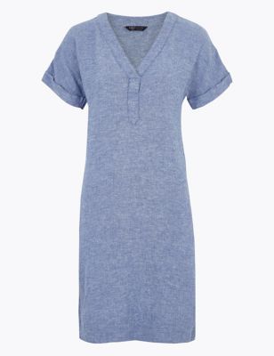 Linen Short Sleeve V-Neck Mini Shift Dress 