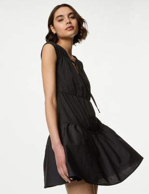 M&S Womens Pure Cotton Tie Neck Mini Tiered Dress - 10REG - Black, Black,Oxblood