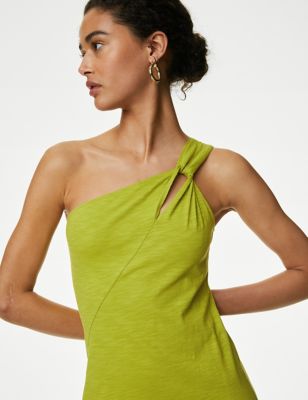 M&S Womens Pure Cotton One Shoulder Midi Relaxed Dress - 10REG - Winter Lime, Winter Lime,Poppy,Blac