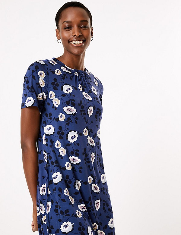 Jersey Floral Knee Length Swing Dress - BE