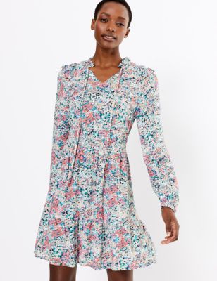 Floral High Neck Mini Waisted Dress | M&S Collection | M&S