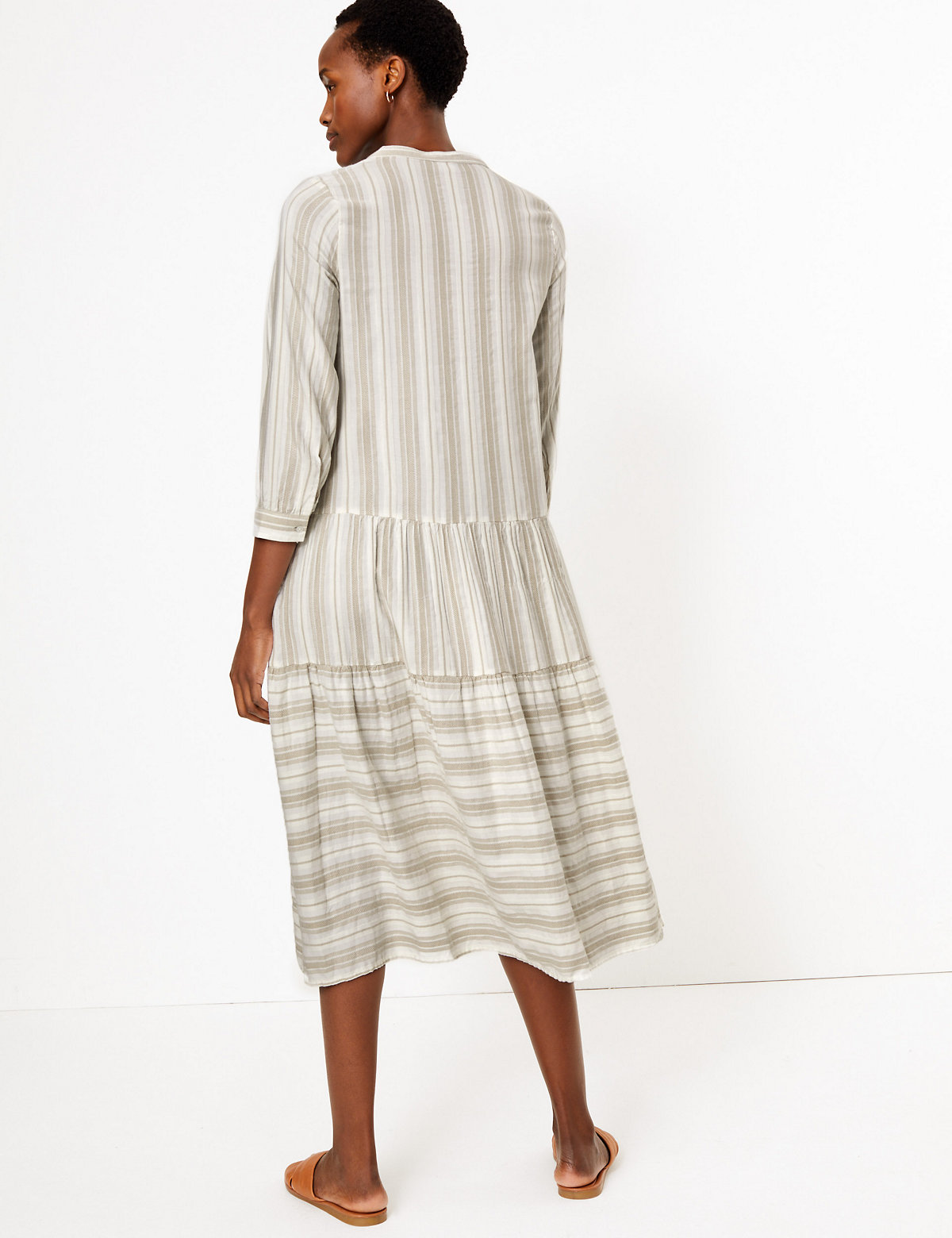 Striped V-Neck Tiered Midi Relaxed Dress