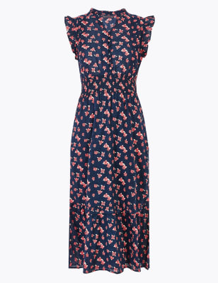 Getailleerde midi-jurk van zuiver katoen met speels bloemmotief