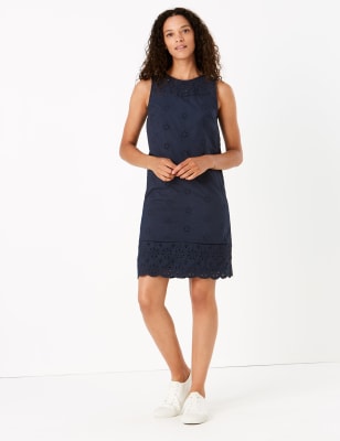 

Womens M&S Collection Besticktes Etuikleid aus reiner Baumwolle - Navy, Navy