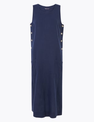 Rechte midi-jurk van linnen met knoopsluiting opzij
