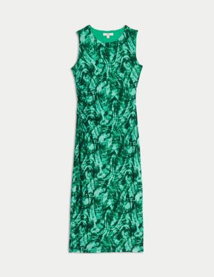 M&S Womens Printed round neck Mesh Midi Bodycon Dress - 8LNG - Green Mix, Green Mix