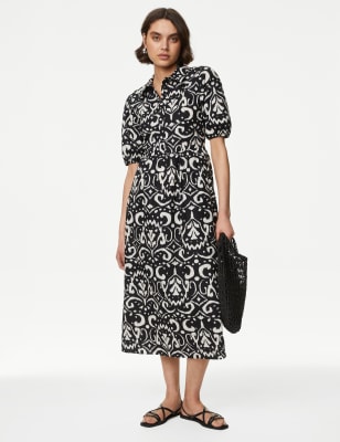 Pure Cotton Printed Midi Shirt Dress - NZ