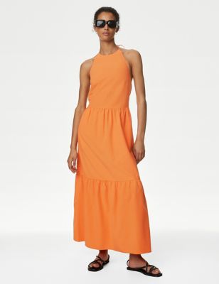 M&S Womens Cotton Blend Halter Neck Midi Tiered Dress - 6REG - Orange, Orange