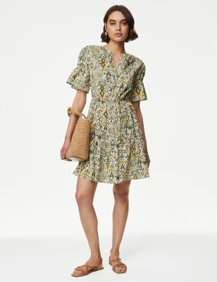 

Womens M&S Collection Pure Cotton Printed Mini Waisted Smock Dress - Yellow Mix, Yellow Mix