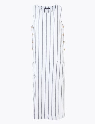 Rechte midi-jurk van linnen met strepen en knoopsluiting opzij
