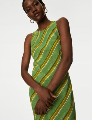 M&S Womens Striped Round Neck Midi Column Dress - 6REG - Green Mix, Green Mix