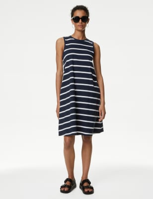 M&S Women's Pure Cotton Striped Mini Shift Dress - 6PET - Navy Mix, Navy Mix