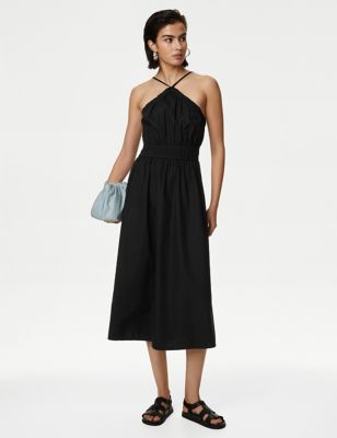 M&S Womens Pure Cotton Halter Neck Midi Waisted Dress - 12LNG - Black, Black