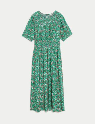 M&S Womens Ditsy Floral Shirred Midi Waisted Dress - 8REG - Green Mix, Green Mix