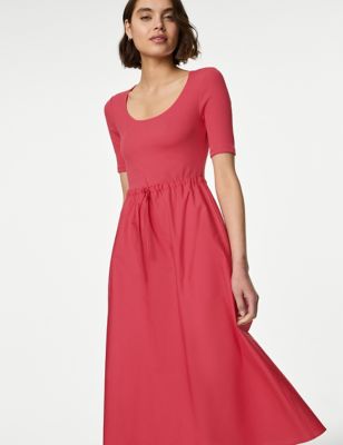 M&S Womens Cotton Rich Ribbed Midi Waisted Dress - 22REG - Light Cranberry, Light Cranberry,Black