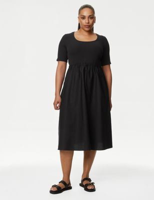 M&S Womens Cotton Rich Ribbed Midi Waisted Dress - 10REG - Black, Black,Light Cranberry