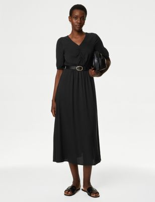 M&S Womens V-Neck Puff Sleeve Midi Waisted Dress - 8PET - Black, Black