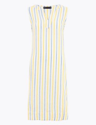 Linen Striped Knee Length Shift Dress 