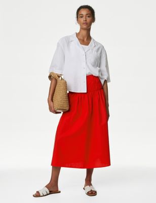 Pure Cotton Shirred Midi A-Line Skirt
