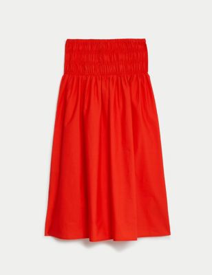 Pure Cotton Shirred Midi A-Line Skirt