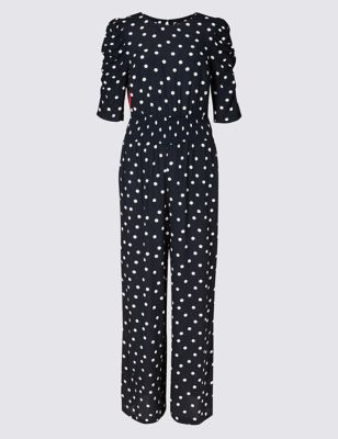 Spotted Smock Waist Ruched Sleeve Jumpsuit M S Collection M S