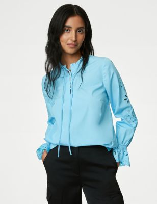 M&S Womens Pure Cotton Broderie Tie Front Blouse - 10REG - Blue, Blue