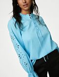 Pure Cotton Broderie Tie Front Blouse